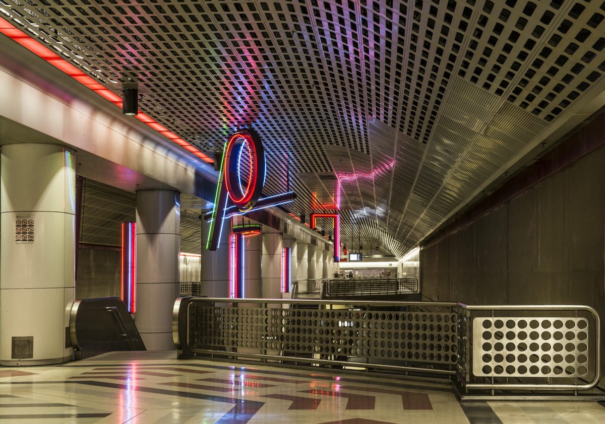 Neon art inside the Pershing Square Metro subway station in downtown Los Angeles, California